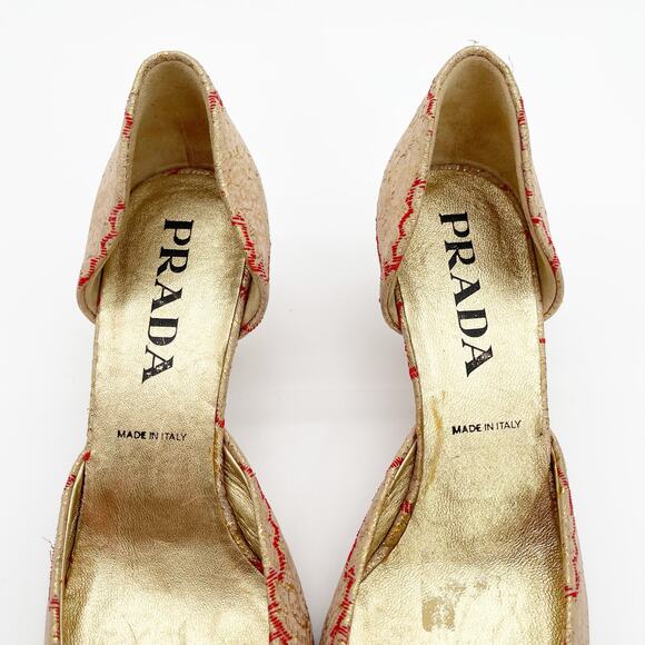 Prada Vintage Gold Brocade Red Woven D’Orsay Pointed Toe Kitten Heels IT 36 - Picture 7 of 11